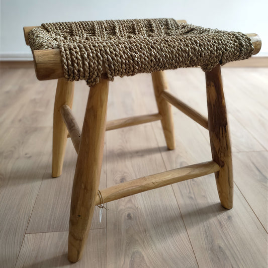 Tabouret teck et tissage beige