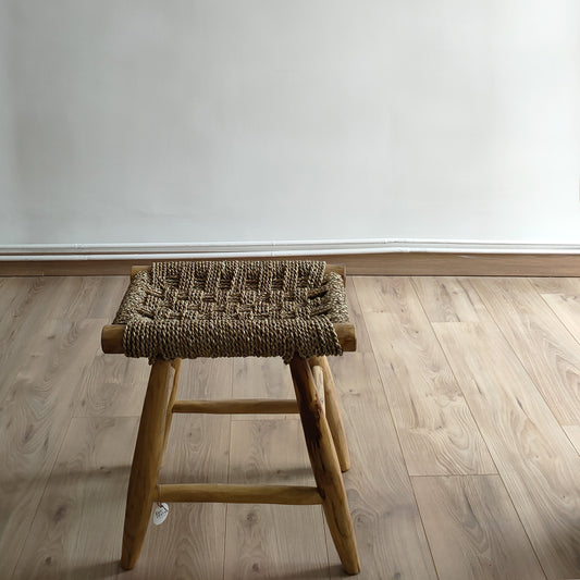 Tabouret teck et tissage beige