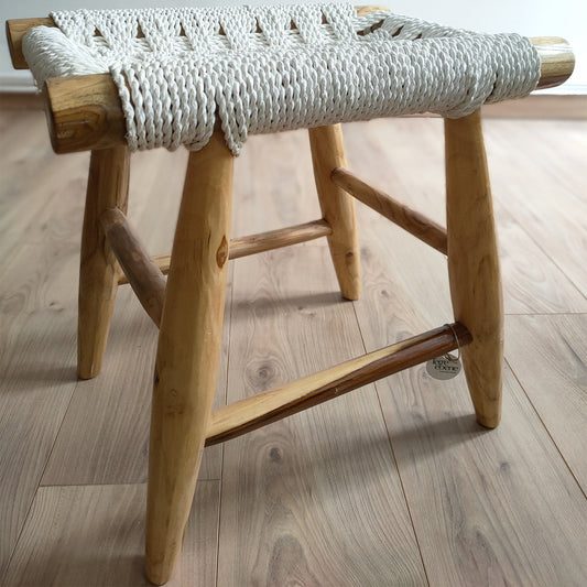 Tabouret teck et tissage blanc