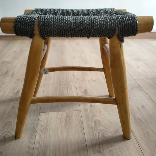 Tabouret teck et tissage gris